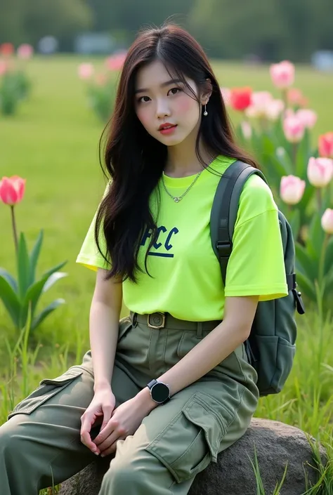 Beautiful Korean girl, white skin, well-groomed face, long black hair, wearing a long highlighter green t-shirt with the fcc logo, cargo pants, backpack, wearing a cool watch, sitting on a rock, holding an iPhone 14 Promex, there are rabbits roaming around...