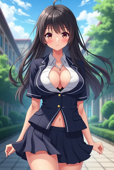 Anime,sexy girl,20 years old,big breast,wearing school uniform at school ,not wearing bra ,looked tits