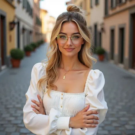 "Milena, a 22-year-old woman with long, wavy blonde hair in a natural golden tone, now tied up in a loose bun, with a few soft strands framing her face. Her bright green eyes sparkle, and her elegant, proportional face is the highlight. Her bright green ey...