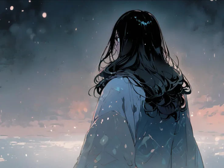 dusk　woman　Teary-eyed　 back view　winter