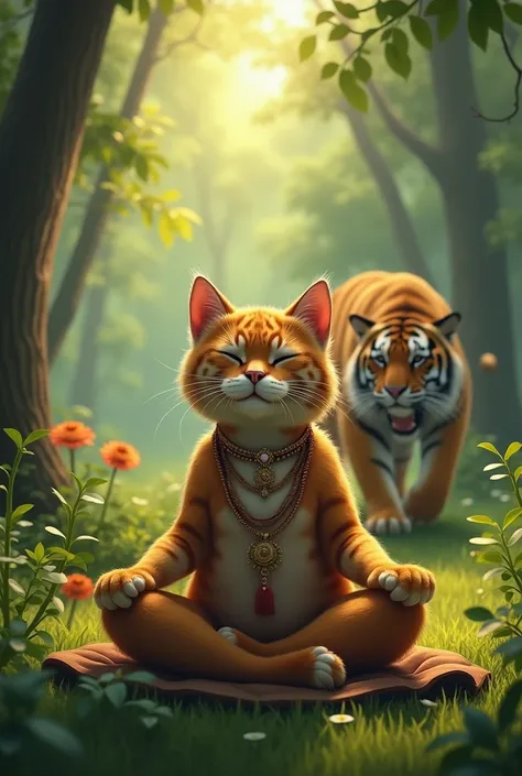 The Vaishnava cat is meditating, the tiger behind is getting ready to attack