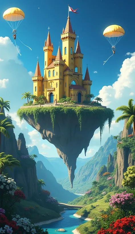 Create high resolution/4K A unusual medieval style yellow-blue Castle floating on a island in the sky with white flag and lush green surrounding it, light flowing inside the windows, white-pink-red-yellow flower Barricade courtyard of the island, red-yello...