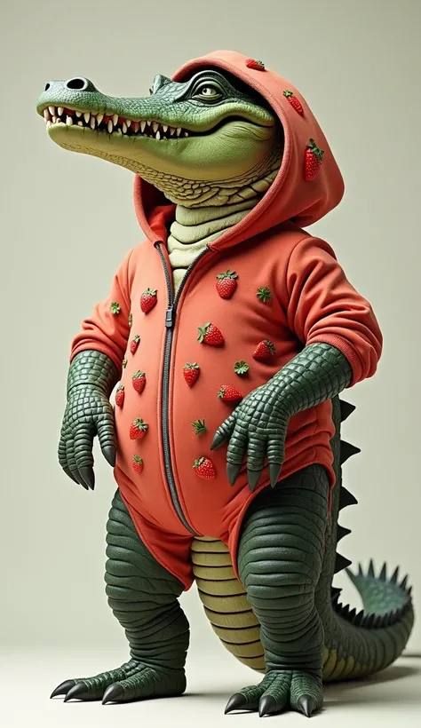 crocodile standing wearing a cotton strawberry suit with hood