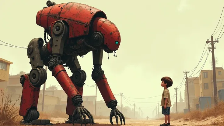 A young boy, positioned on the left side of the image, gazes at a large, rusted, mechanical robot. The robot, with a metallic red and dark gray color palette, is angled slightly downward, facing the . The boy is light-skinned,  with short brown hair and is...