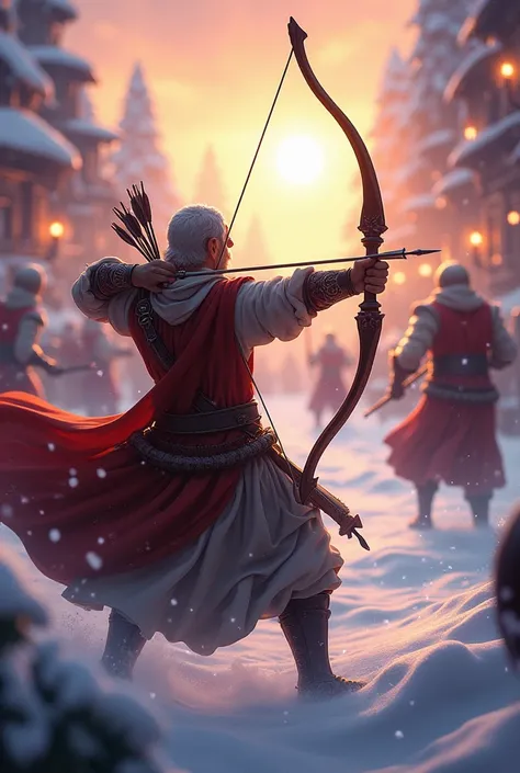 Animated image of a hero shooting arrows at his enemies seen from behind fighting using arrows against many enemies in a Christmas atmosphere at sunrise