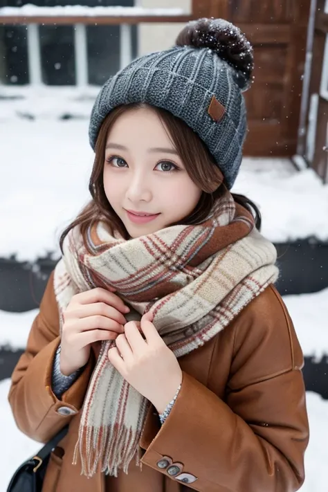 Snow Scene、 One Woman 、Warm coat 、 sweater、 scarf wrapped、It&#39;s winter、 viewer、 smiling、ring、Earrings、Open value f1 .2、Taken with a 200mm telephoto lens、Portrait Style、 high-definition face 、 anatomically correct finger below the screen、Age 35