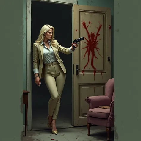 Cute and attractive Businesswoman. 40 years old, business woman in beige suit, skintight office formal shirt TUCKED in skintight pants and black belt, Skinny pants, Skinny legs. Pearl earrings. Claws. Small bust. Long blond hair. Small bust. Holding a gun....