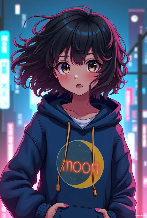 Girl hacker mulatto curly haired hentai manga with a hood and that says moon in her clothes 