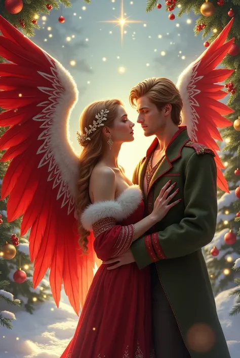 Portrait of a Female Christmas Themed Angel With Red wings and whit accents on the wings, A Handsome Blond Human Man with a Christmas themed background and Clothing