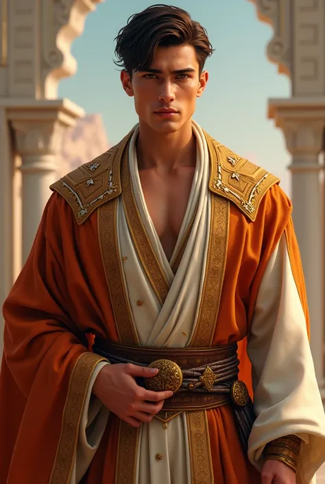 young adult man , high, robust, muscular, Cinnamon skin straight hair brushed to the side a little short,  dark brown color ,  golden eyes ,  elegant dress like Middle Eastern royalty. 