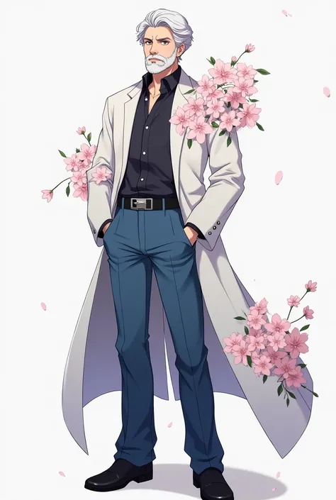 Make the image of an anime-style man ,  an adult with a light-eyed beard he wears a white coat with Sakura flowers he has blue pants and a black shoe, He is strong and serious 