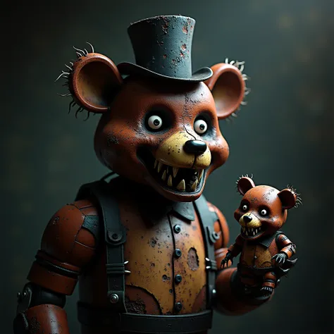  An animatronic with a terrifying and deteriorated appearance .  His body is composed of a mixture of rusty metal and fragments of worn brown fabric ,  with a design that mimics an anthropomorphic bear .  His face has a malevolent expression :  sharp and u...