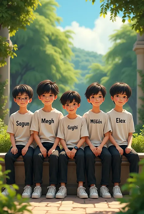 Five smart boys  are sitting in HD quality image style on a chair in a garden. All the boys are wearing long T-shirts shirt Sagun Megh Simon Elex Sangyoung is written on the boy’s shirt. The boy is wearing black pants. He is wearing white shoes. He is wear...