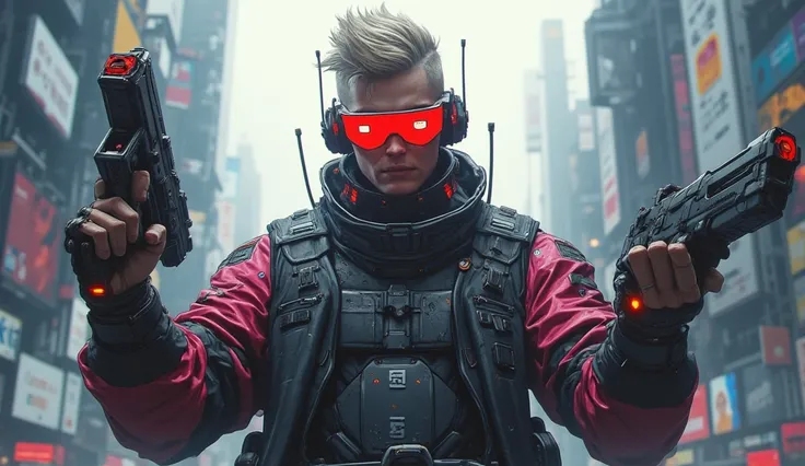 an cyberpunk male with side shaved hair and wearing digital red glasses and cyberweres and armors, he posing like an heroic god in perspective view, he is in a spatial depth of field, his hands are spread out and holding a cyber pistols in his hands, the c...