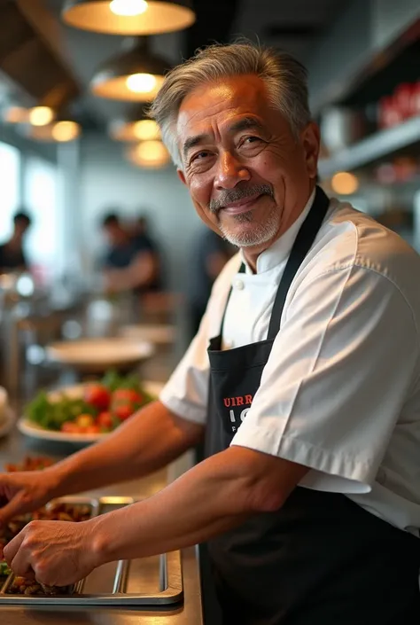 Charismatic 55-year-old chef a little dirty but neat in a fast food restaurant

