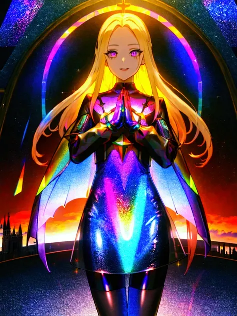 A girl offering a prayer、The background is a sunset sunset 、 medieval cityscape with basket、Inside the kaleidoscope、 Stained Glass Background 、Legendary Scenery 、 Mythical Scenery Unfolds、The cathedral shines brightly、red and green contrast 、Path of Light、...