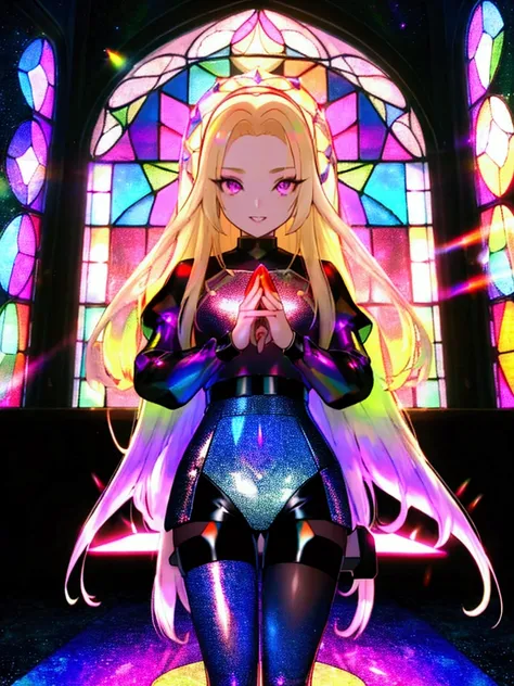 A girl offering a prayer、The background is a sunset sunset 、 medieval cityscape with basket、Inside the kaleidoscope、 Stained Glass Background 、Legendary Scenery 、 Mythical Scenery Unfolds、The cathedral shines brightly、red and green contrast 、Path of Light、...