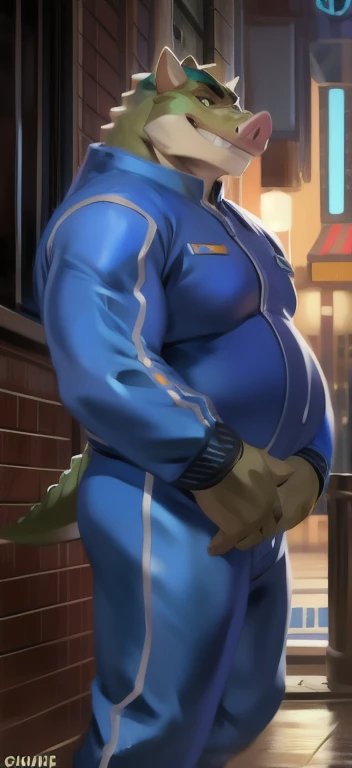 Solo, male Tall​, standing, street,pig crocodile​,blue military spacesuit, overweight, muscular, smirking, by chunie