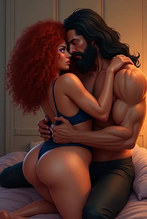 A female with brown skin, red curly hair, purple eyes, wide hips, big butt, small breast, hugging a man with a black beard, long black hair, in a bed room