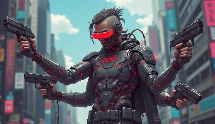 an cyberpunk male with side shaved hair and wearing digital red glasses and cyberweres and armors, he posing like an heroic god in perspective view, he is in a spatial depth of field, his hands are spread out and holding a cyber pistols in his hands, the c...