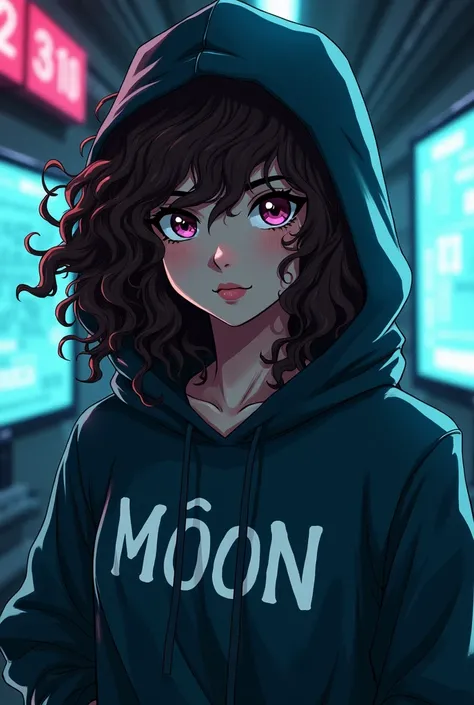 Curly haired brunette hacker hentay manga hooded girl with her clothes saying moon in Spanish 