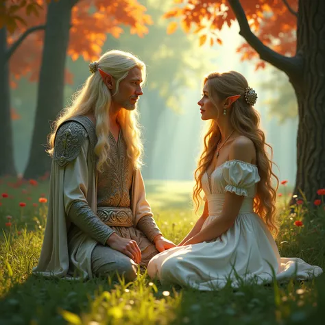 a beautiful normal woman with yellow hair in a white dress chatting with a handsome elf with long silver hair in a park in the middle of a colorful forest