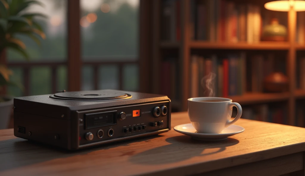 Tape player on the table , with a cup coffe with no smoke in front of it, evening lighting , candle light , with rack of books on the background