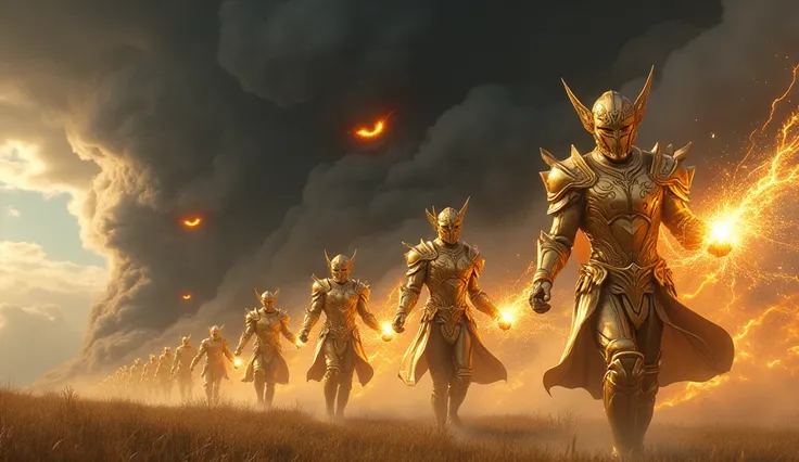 (an army of magicians ,  they throw fireballs and throw lightning )  in golden fantastic armor with helmets, swords and plasma cannons run across a vast field to meet a huge black storm covering the horizon with burning evil eyes