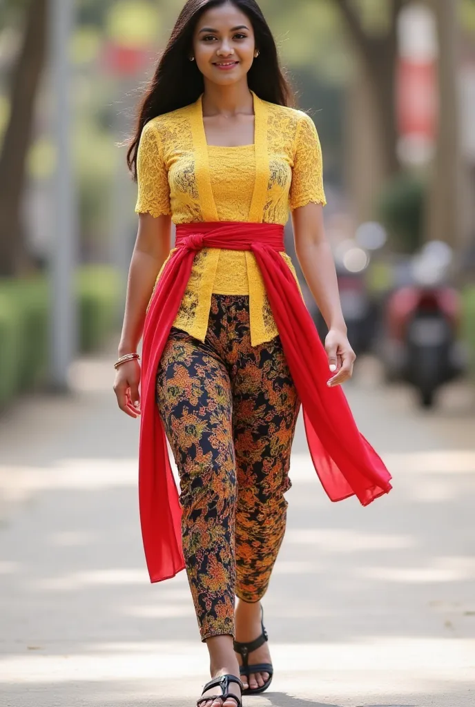 beautiful black haired woman walking with black sandals, long batik skirt, yellow kebaya, red shawl as waistcloth