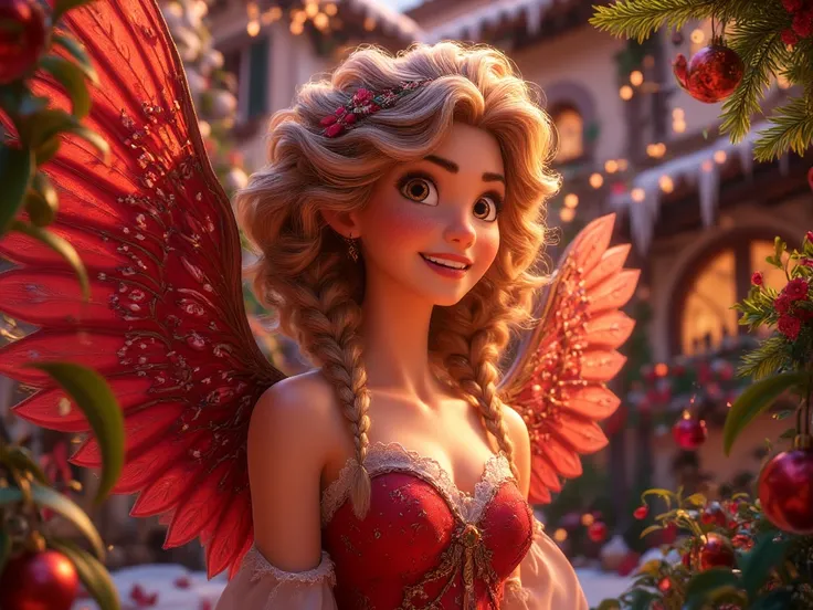 Portrait of a Female Christmas Themed Angel With Red wings and whit accents on the wings, A Handsome Blond Human Man with a Christmas themed background and Clothing