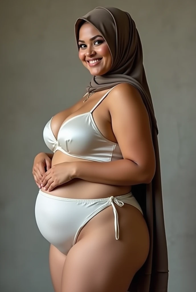 Indonesian woman
With a fat body
Wearing bra, big white satin panties and jilbab
Sideway