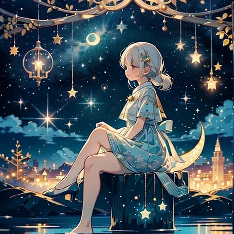   Christmas Night、 green Christmas trees lined up in the background、Best wishes 、 Im looking up at the moon  、、  crescent moon floating in the air 、 moon swing expanding space between legs  、   best quality、  Masterpiece 、    Official Art、    super detaile...