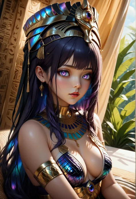 (masterpiece, aesthetic, detailed eyes, realistic), 1girl, mahiru shiina, Long smooth straight dark purple hair, inner dark iridescent hair, iridescent eyes, aesthetic curvy figure, sitting in egyptian clothes, super detail, best quality, 8k