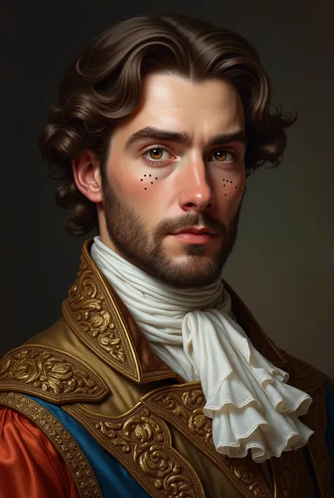 White skinned man, Without Beard, Profiled nose, high,  curly hair , , amber color , ojos amber color , thick eyebrows,  eyelets on the cheeks , Elegant dress like royalty