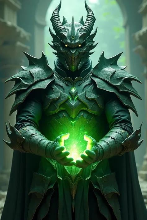 The suit is like a dragon and The hands is full of green fair and full covered mask 
