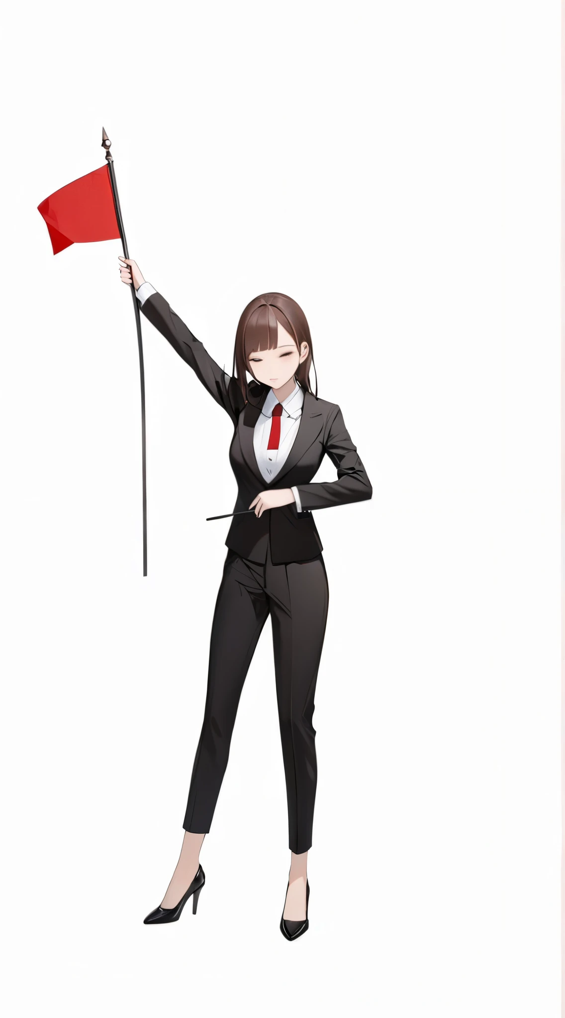 A woman in a black suit 、 standing、Look Down、white background、 raises her hand holding a small red flag、 brown long hair 、Black pumps、whole body