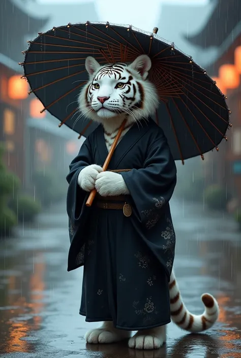 furry white tiger in a black kimono and two hand holding an oil umbrella in the rain, pixiv, furry art, trending on artstation pixiv, high quality fanart, official art, detailed fanart