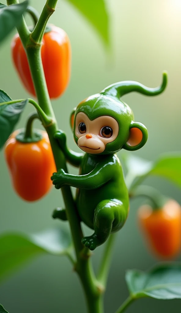 
"A playful and whimsical digital artwork showcasing a small green monkey-shaped chili pepper seamlessly integrated into a chili pepper plant. The monkey, designed with lifelike features such as round eyes and a small snout, is depicted in a natural climbi...