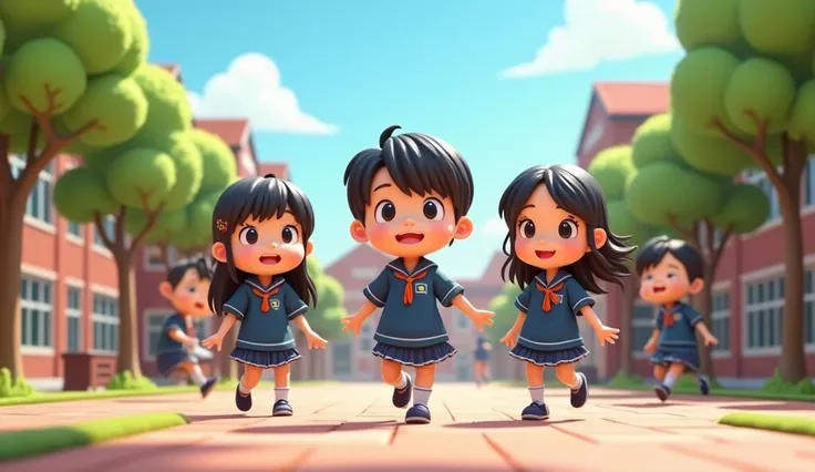 SCHOOL YARD PICTURE WITH STUDENTS WEARING CHIBI STYLE 3D SCHOOL UNIFORM