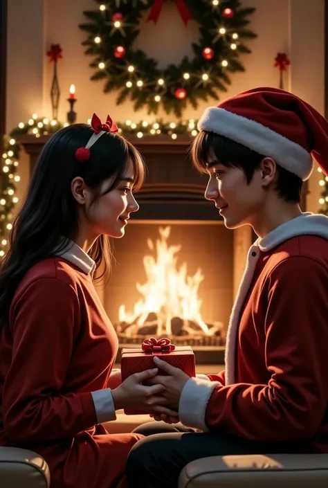 Christmas party for two、 in front of a flaming fireplace 、 a girlfriend in a mini Santa costume、smile、Open the 、 warm atmosphere 、 gift exchange、