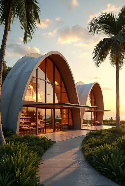 Exterior perpective ng Cafe library na may concept na kalachuchi flower at may background na sunrise or sunset with coconut tree. May big windows na ang shape ay kalachuchi flower plus may terrace para sa magandang view ng sunset. The concept to be adapted...