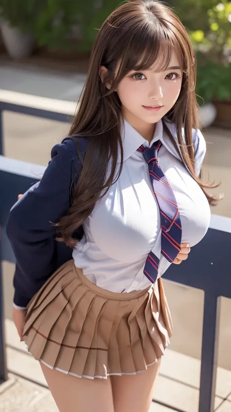 A masterpiece, extremely detailed, Kampala, (realistic, photorealistic:1.37), excellent anatomy, beautiful woman, sexy idol, (medium built), ((8 head and body)), smiling, high school girl, focus on thighs, ((school uniform:1.5)), (red necktie:1.3), deep wa...