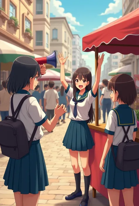 Photo of a student ( Both male and female )  in uniform standing at a charity stand and raising their hands, holding a loudspeaker calling on PEOPLE to donate money to the poor , putting money in a money box 