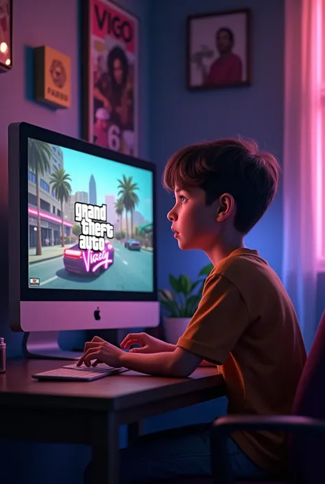 Boy on computer playing gta vice city