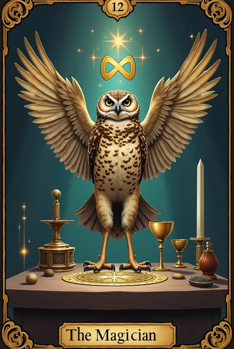 La carta de The Magician del tarot con un tecolote llanero.  The tecolote points with one wing upwards and with the other downwards,  has on its head the sign of infinity .  And in front of it a table with objects to do magic ,  including a dagger , a cowl...