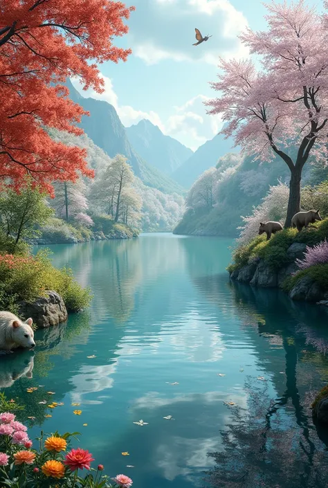 A serene lake reflecting the beauty of all four seasons - spring,summer,autumn,and winter - blended together in a fantasy setting.The scene is enchanting and surreal,with vibrant colors and realistic details that capture the essence of nature in a magical ...