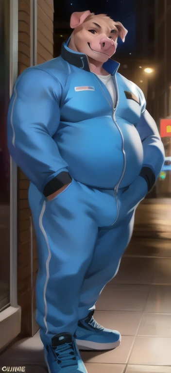 Solo, male Tall​, standing, street,pig pitbull​ ice pink​,blue military spacesuit, overweight, muscular, smirking, by chunie