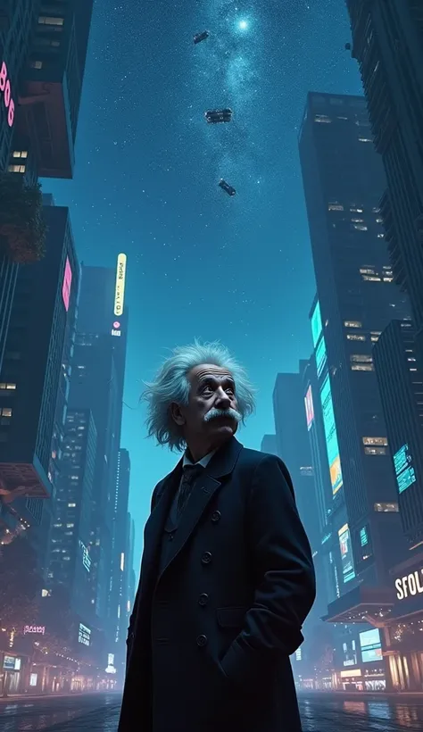 Albert Einstein pensive looking at starry night sky, futuristic dystopian environment