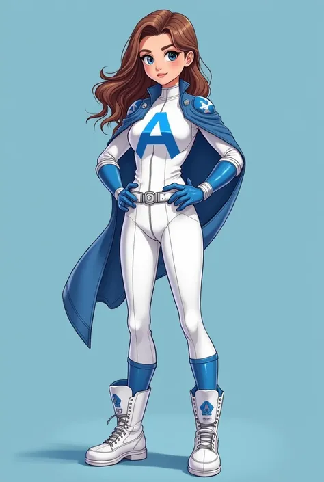  Create a short 15-year-old girl with a full body , king, with brown wavy hair,  and white wetsuit ,  and futuristic white leather blouse , and white leather pants ,  with the Silk screen in the shape of the letter A large Blue with a silver outline,  and ...