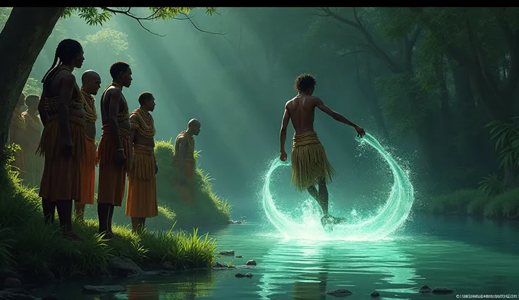 8 Elders ( in African Ngoni tribe ceremonial attire with beads) witnessing Perivess’s transformation: show the 8 elders hide among the trees and thick grasses, their faces filled with shock as they see Perivess dive into the river, her legs transforming in...